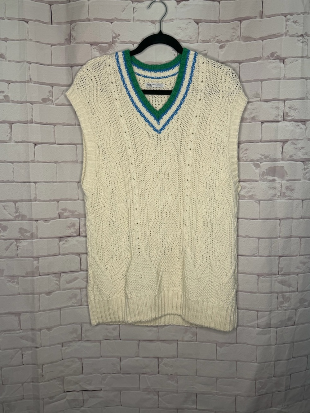 Zara Cream Cable Knit Sweater Vest V-Neck Preppy Varsity Chunky Knit Cottagecore